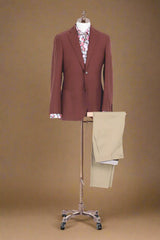 Brick Red Herringbone Wool & Khaki Chino Trousers 2 Piece Suit