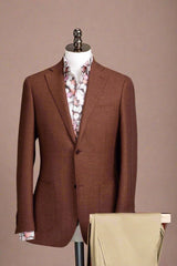 Brick Red Herringbone Wool & Khaki Chino Trousers 2 Piece Suit