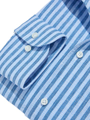 Capri Collar Blue Stripe Cotton Linen Mix Summer Shirt