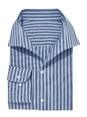 Capri Collar Blue Stripe Cotton Linen Mix Summer Shirt