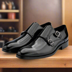Men's Black Monkton Double Monk Shoes - Barucci