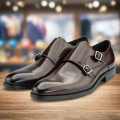 Men's Brown Monkton Double Monk Shoes - Barucci