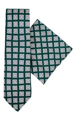  Green Foulard Silk Tie And Hank Set - Accessories