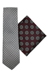  Medallion Wine Silk Tie And Hank Set - Accessories