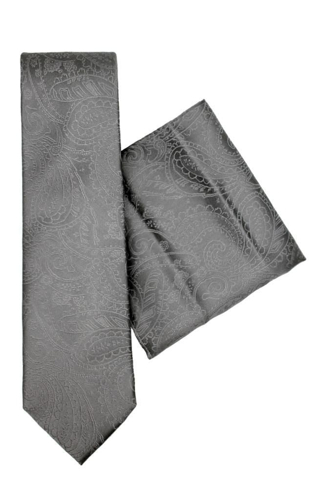  Paisley Grey Silk Tie And Hank Set - Accessories