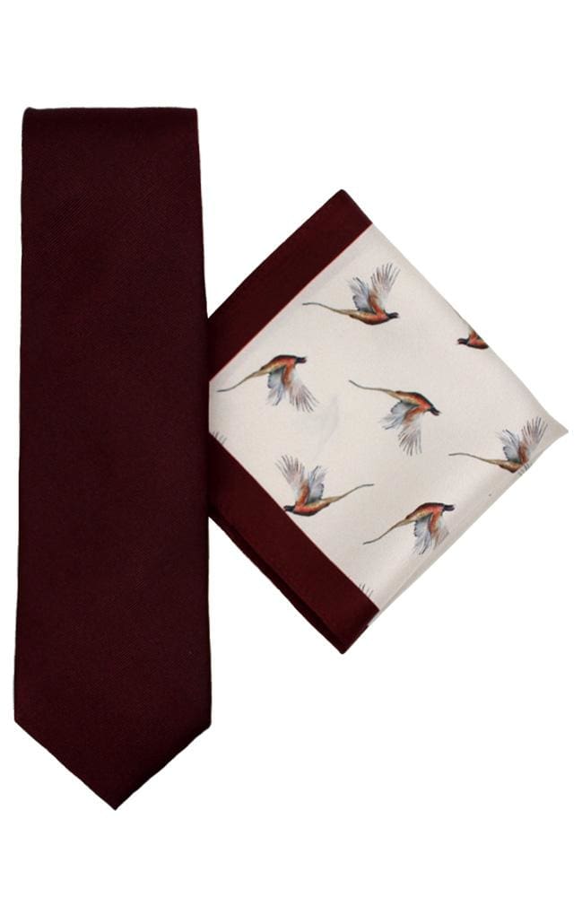  Wine Pheasant Silk Tie And Hank Set - Accessories