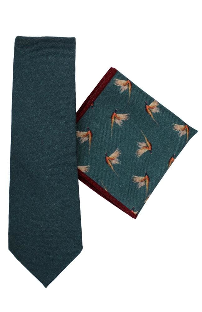  Blue Green Pheasant Silk Tie And Hank Set - Accessories