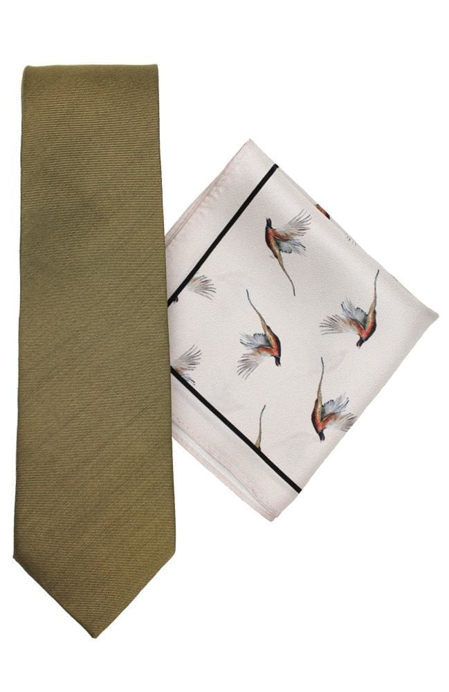  Ecru Pheasant Silk Tie And Hank Set - Accessories